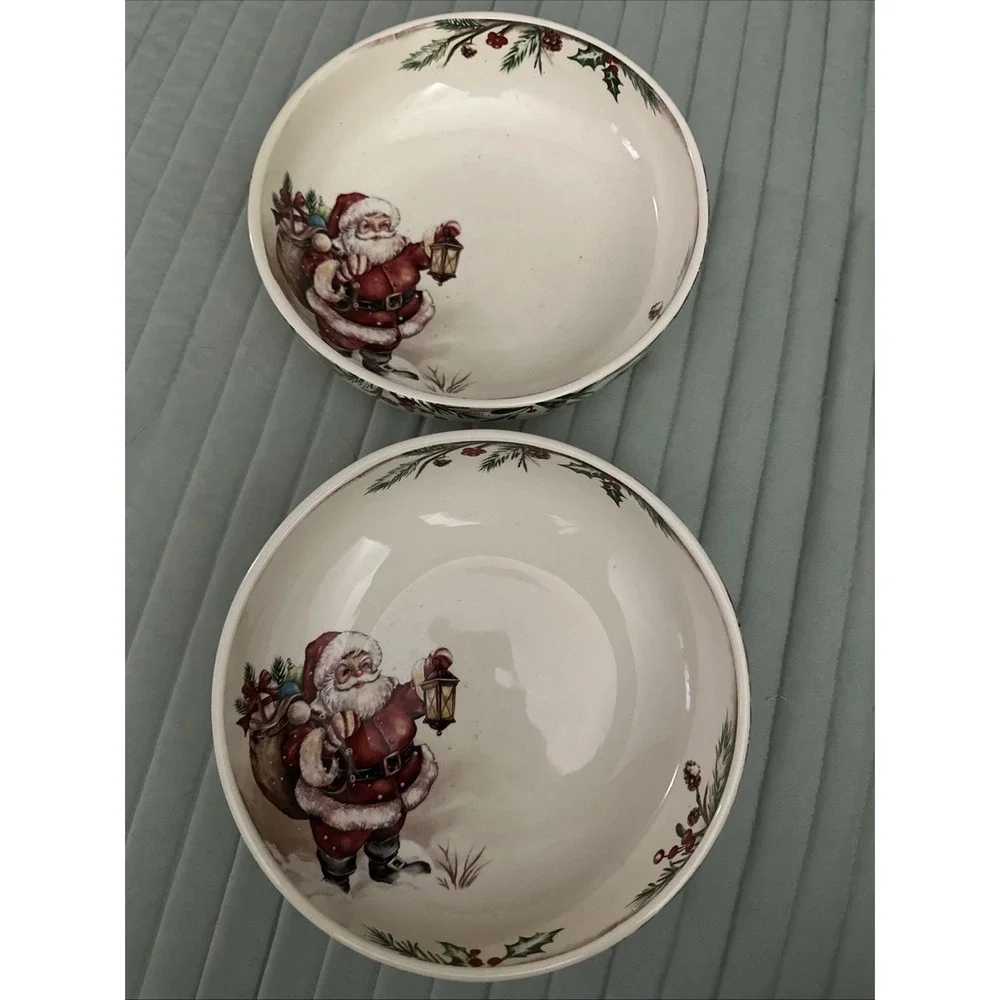 Pier 1 Winter Wonders Christmas Santa & Reindeer Ceramic Bowl 8